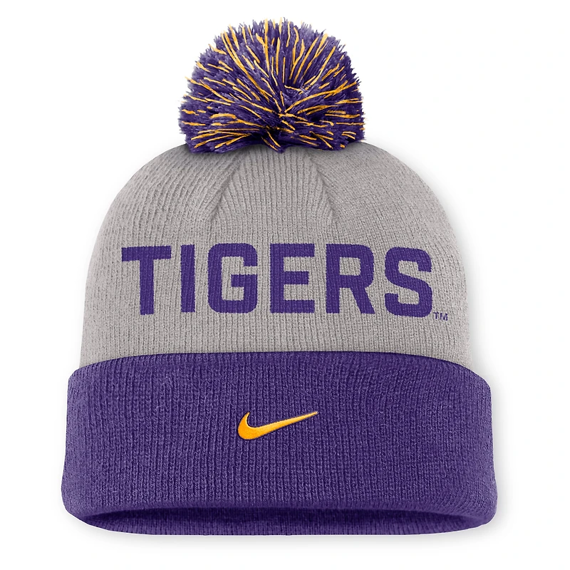 Bonnet à revers Nike LSU Tigers Primetime Peak gris/violet pour homme avec pompon