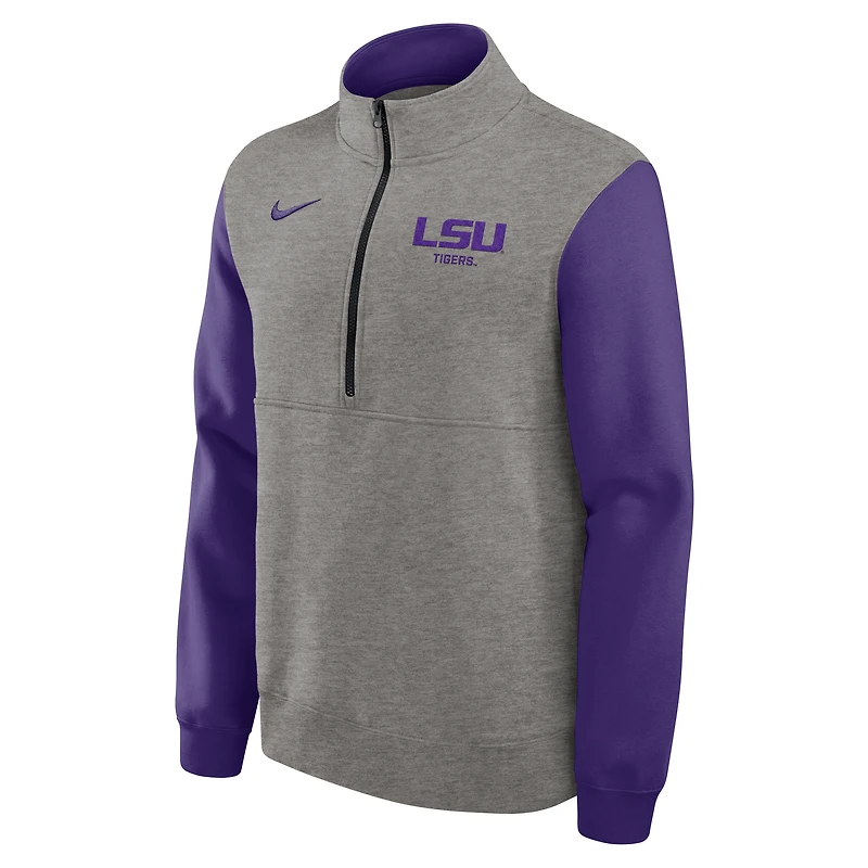 Pull en molleton demi-zippé Nike LSU Tigers Club gris chiné/violet pour homme