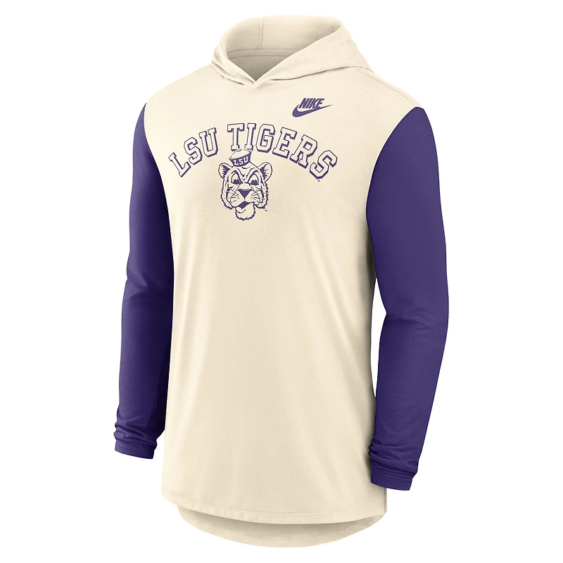 Men's Nike Natural/Purple LSU Tigers Legacy Color-Block Tri-Blend Long Sleeve Hoodie T-Shirt