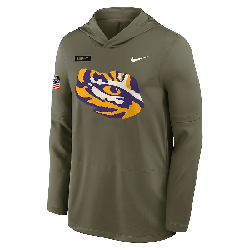 Men's Nike Olive LSU Tigers 2025 Military Appreciation Dri-FIT Long Sleeve Hoodie T-Shirt