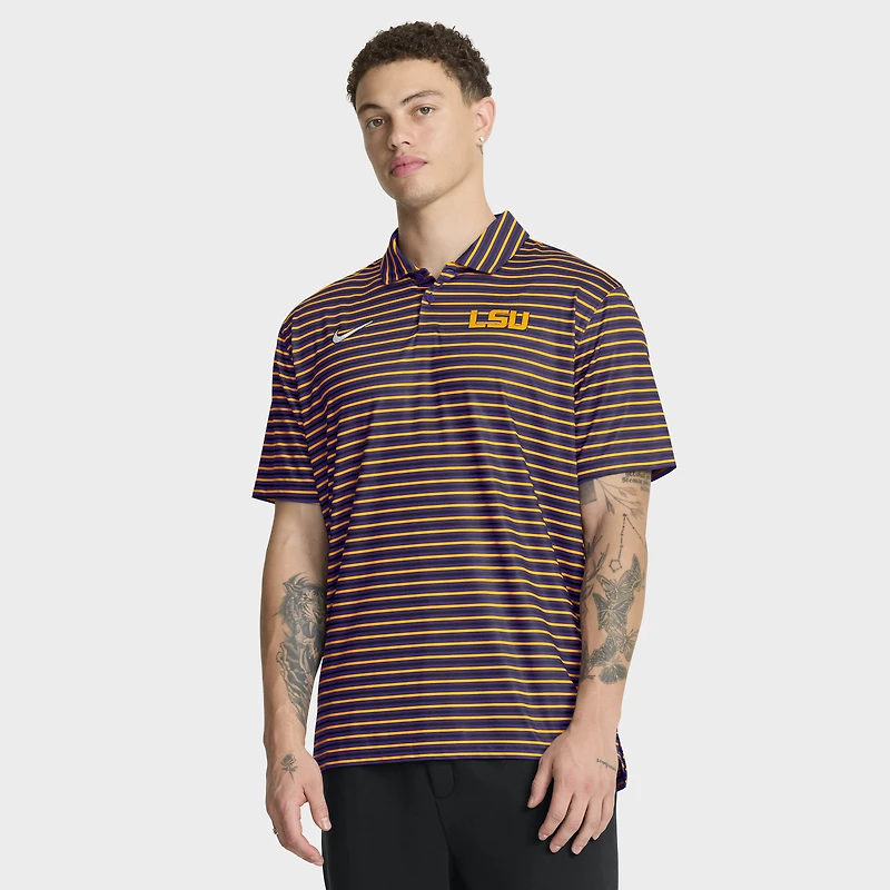 Polo Nike Dri-FIT violet pour homme, collection Coaches Premium Tour Stripe, LSU Tigers 2025.