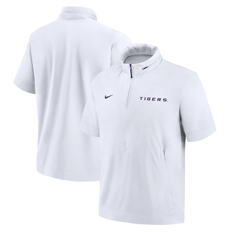 Men's Nike White LSU Tigers 2024 Sideline Coach Short Sleeve Half-Zip Hoodie Jacket