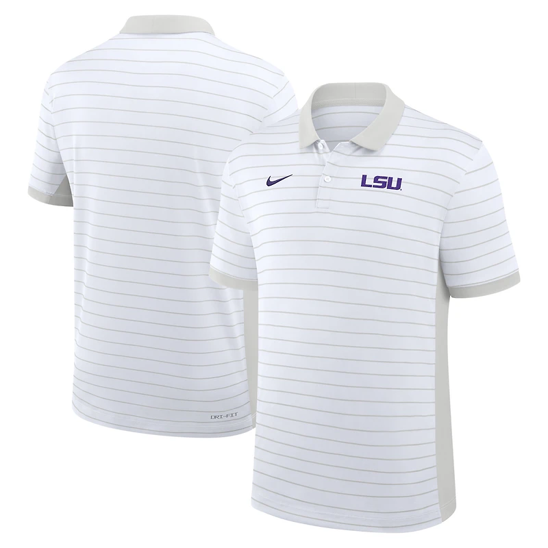 Polo Nike blanc Dri-FIT pour homme, début de saison 2025, avec rayures Victory Sideline des LSU Tigers