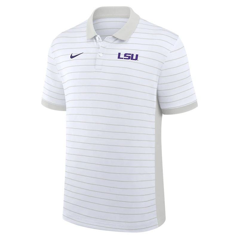 Polo Nike blanc Dri-FIT pour homme, début de saison 2025, avec rayures Victory Sideline des LSU Tigers