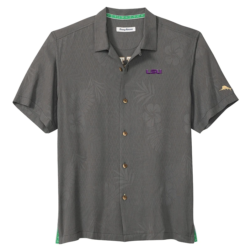 Chemise boutonnée grise Tommy Bahama pour homme, motif Catch of the Day Camp IslandZone des Tigers de LSU
