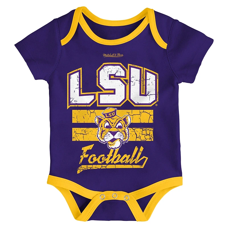 Ensemble de 3 bodys, bavoirs et chaussons pour nouveau-né bébé Mitchell & Ness Purple LSU Tigers