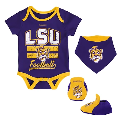 Ensemble de 3 bodys, bavoirs et chaussons pour nouveau-né bébé Mitchell & Ness Purple LSU Tigers