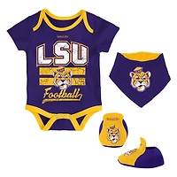 Ensemble de 3 bodys, bavoirs et chaussons pour nouveau-né bébé Mitchell & Ness Purple LSU Tigers
