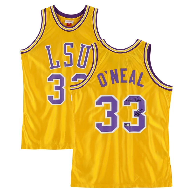 Maillot Swingman Mitchell & Ness 1990-91 dédicacé par Shaquille O'Neal des LSU Tigers avec inscription « Geaux Tigers »
