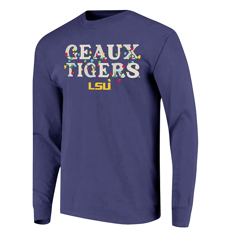 T-shirt unisexe à manches longues LSU Tigers violet avec guirlande lumineuse, couleur confort. Image One.