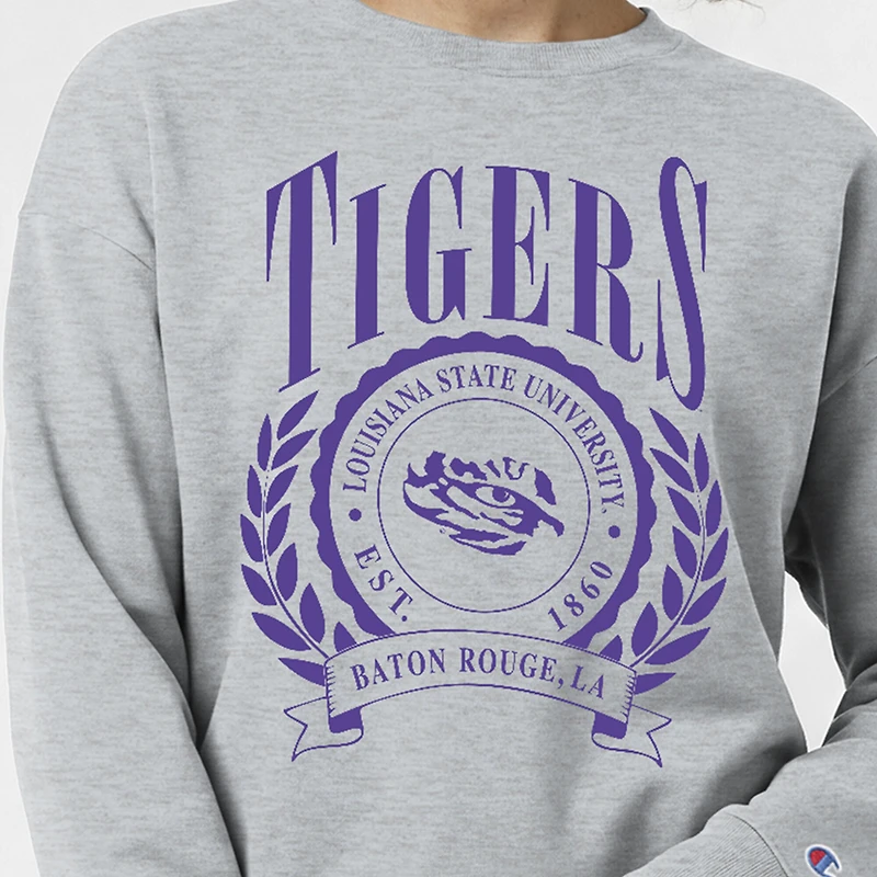 Women's Champion  Heather Gray LSU Tigers Academic Crest Powerblend Crewneck Sweatshirt