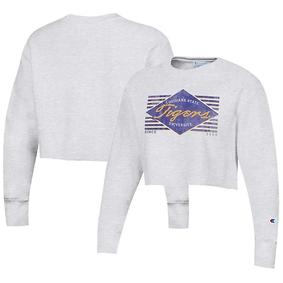 Women's Champion Heather Gray LSU Tigers Reverse Weave Cropped Pullover Sweatshirt