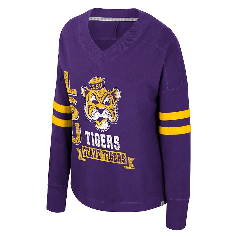 Women's Colosseum Purple LSU Tigers Oversized Violet Distressed V-Neck Long Sleeve T-Shirt