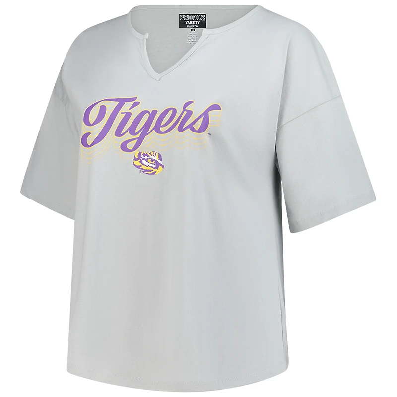 T-shirt gris à col cranté Winning Gear pour femme, taille plus, motif fanatique des Tigers de LSU