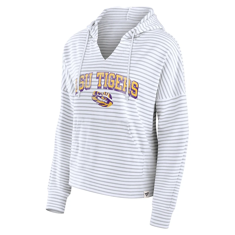 Women's Fanatics  White LSU Tigers Striped Notch Neck Pullover Hoodie