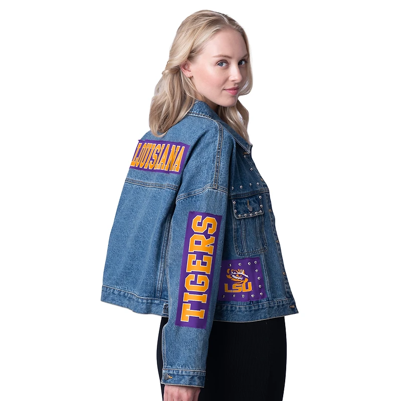 Veste en jean G-III 4Her pour femme de Carl Banks avec patchs et clous Game Ball des LSU Tigers