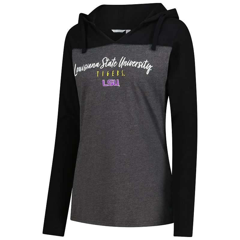 Women's Heather Charcoal LSU Tigers Knockout Color Block Hooded V-Neck Long Sleeve T-Shirt