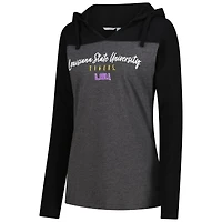 Women's Heather Charcoal LSU Tigers Knockout Color Block Hooded V-Neck Long Sleeve T-Shirt