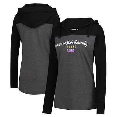 Women's Heather Charcoal LSU Tigers Knockout Color Block Hooded V-Neck Long Sleeve T-Shirt
