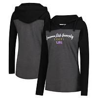 Women's Heather Charcoal LSU Tigers Knockout Color Block Hooded V-Neck Long Sleeve T-Shirt