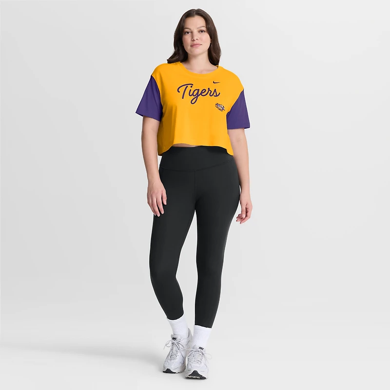 Women's Nike Gold/Purple LSU Tigers Color-Block Script Dri-FIT Cropped T-Shirt