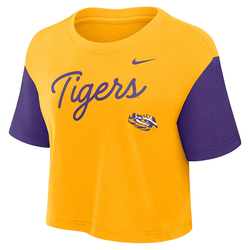 Women's Nike Gold/Purple LSU Tigers Color-Block Script Dri-FIT Cropped T-Shirt