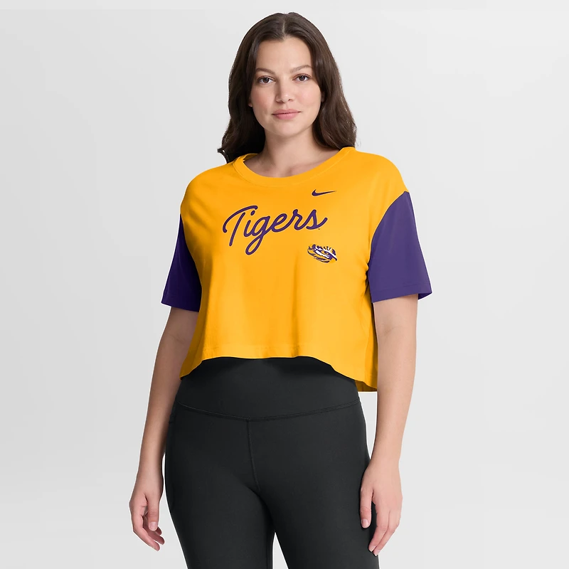 Women's Nike Gold/Purple LSU Tigers Color-Block Script Dri-FIT Cropped T-Shirt