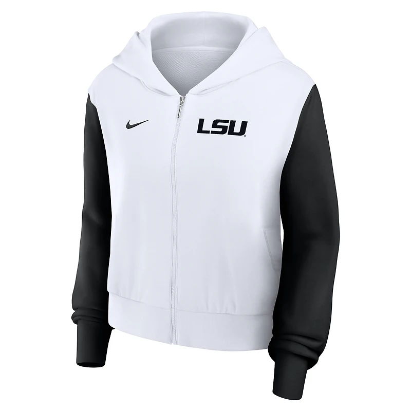 Sweat à capuche court Nike blanc LSU Tigers imprimé color-block pour femme, entièrement zippé