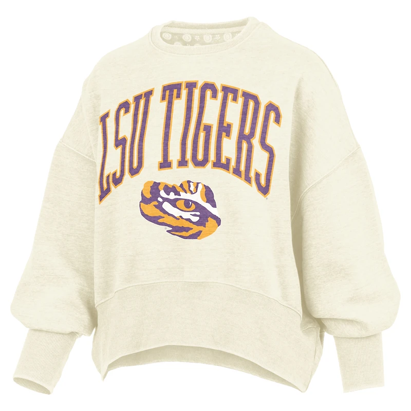 Women's Pressbox Natural LSU Tigers Oversized Waist-Length Crewneck Sweatshirt