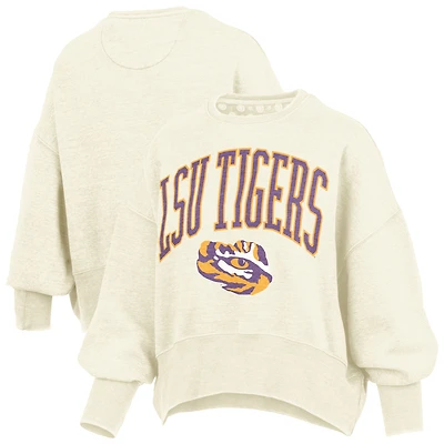 Women's Pressbox Natural LSU Tigers Oversized Waist-Length Crewneck Sweatshirt