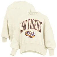 Women's Pressbox Natural LSU Tigers Oversized Waist-Length Crewneck Sweatshirt