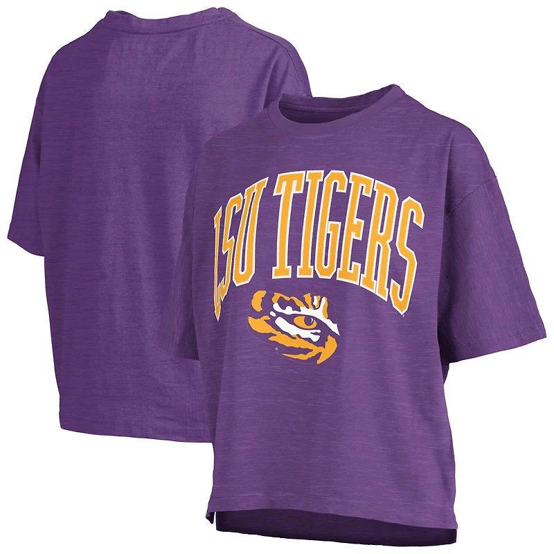 T-shirt surdimensionné violet pour femme avec logo Nelson Arch Over, longueur à la taille, imprimé Pressbox des Tigers de LSU