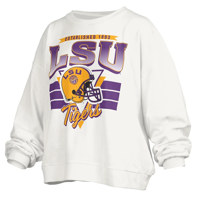 Women's Pressbox White LSU Tigers Janice Retro Logo Oversized Pullover Sweatshirt