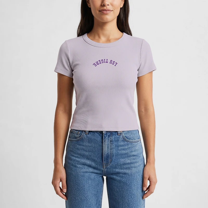 Women's Uscape Apparel Purple LSU Tigers Upside Down Embroidery Ribbed Cropped T-Shirt
