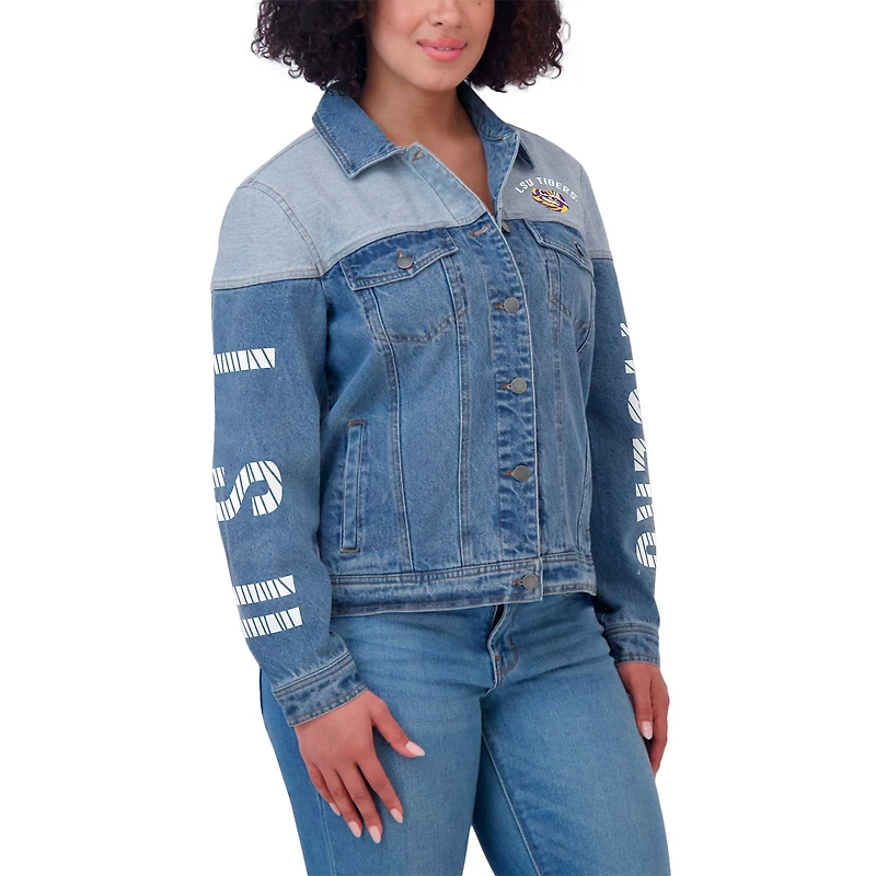 Women's WEAR by Erin Andrews Denim LSU Tigers Sleeve Hit Colorblock Button-Down Jacket