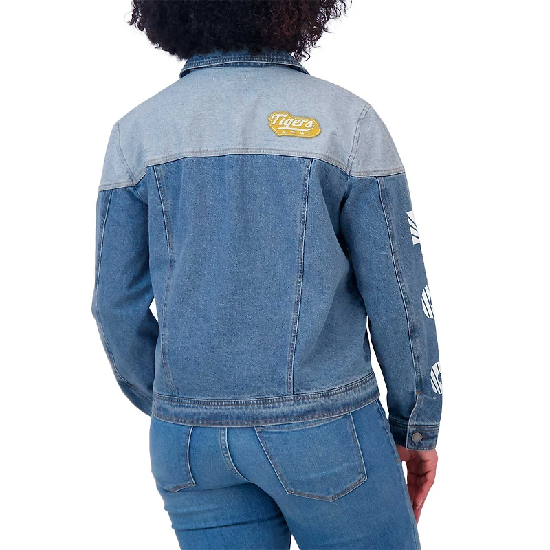Women's WEAR by Erin Andrews Denim LSU Tigers Sleeve Hit Colorblock Button-Down Jacket