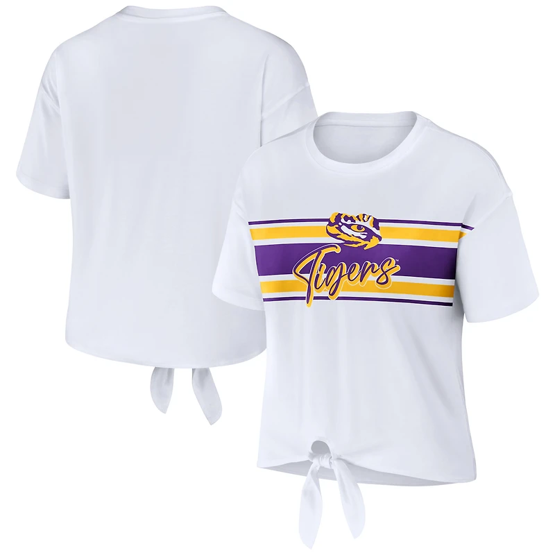 WEAR by Erin Andrews - T-shirt court rayé blanc avec nœud sur le devant LSU Tigers pour femme