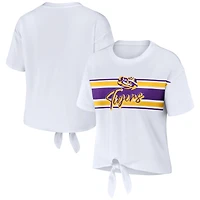 WEAR by Erin Andrews - T-shirt court rayé blanc avec nœud sur le devant LSU Tigers pour femme