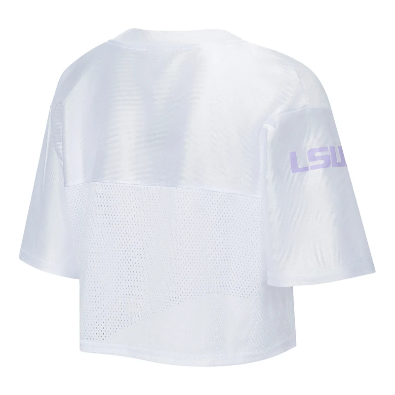 Women's ZooZatz White LSU Tigers Mesh Cropped V-Neck T-Shirt