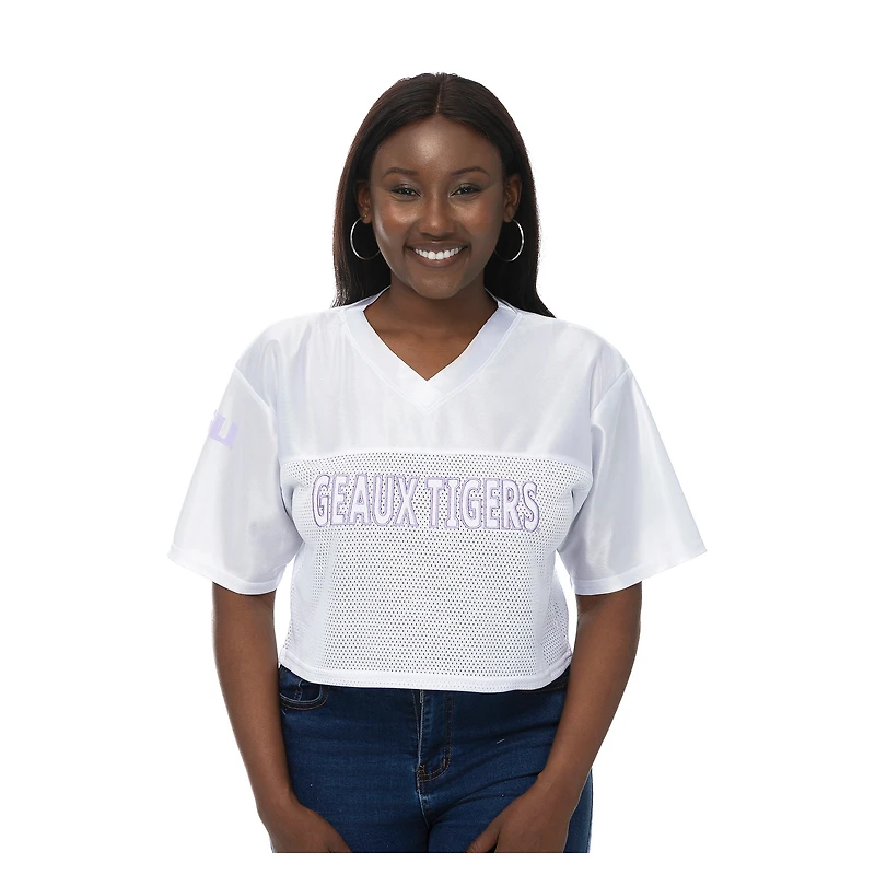 Women's ZooZatz White LSU Tigers Mesh Cropped V-Neck T-Shirt