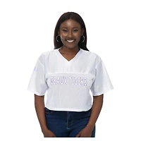 Women's ZooZatz White LSU Tigers Mesh Cropped V-Neck T-Shirt