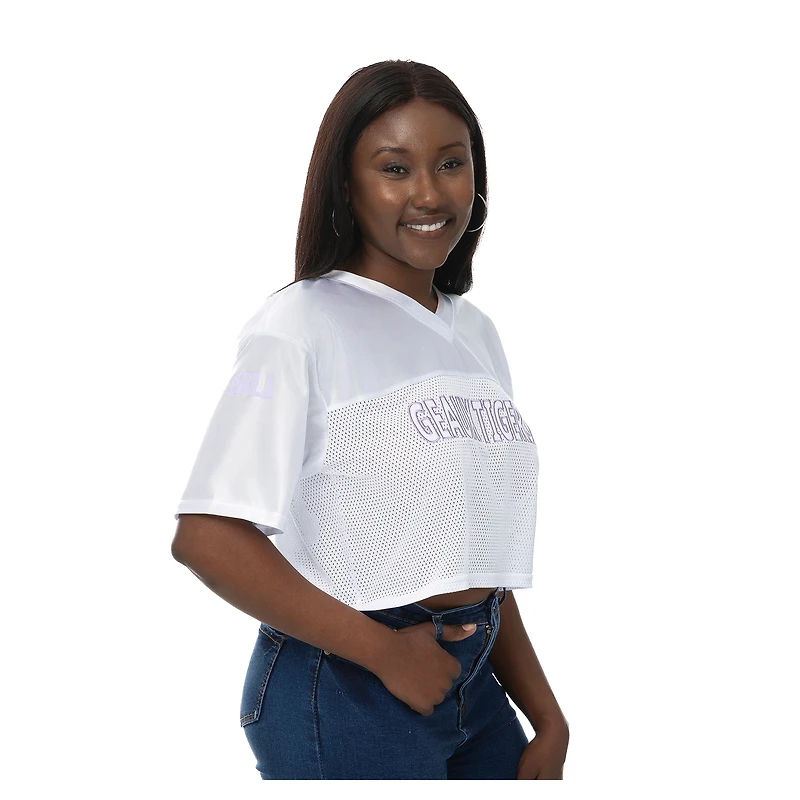 Women's ZooZatz White LSU Tigers Mesh Cropped V-Neck T-Shirt