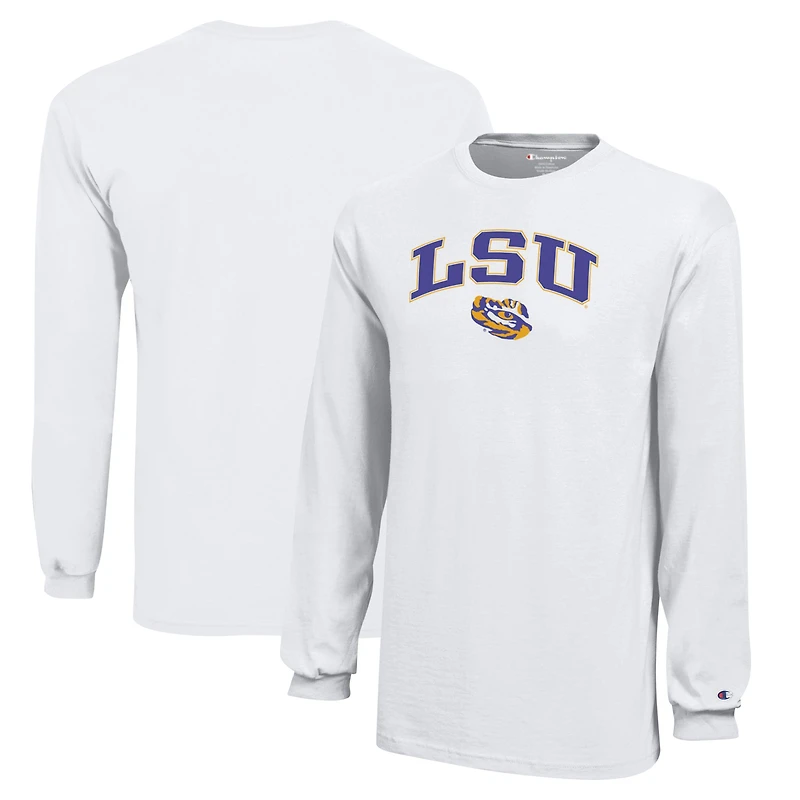 T-shirt blanc à manches longues avec logo LSU Tigers Arch Over Champion pour jeunes
