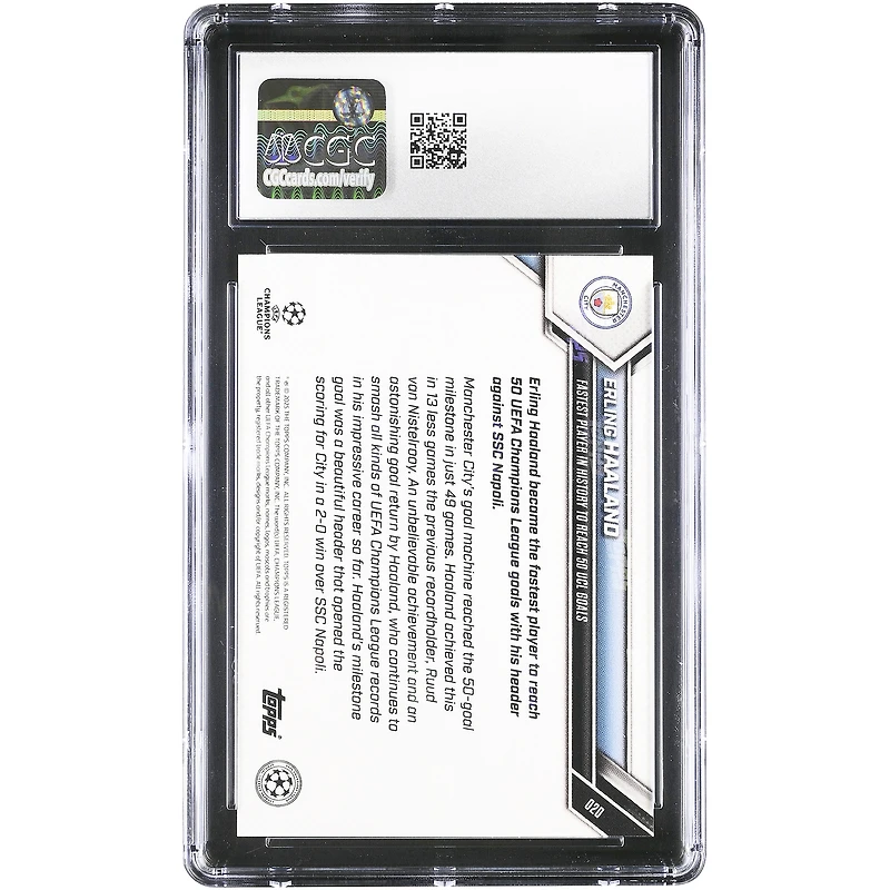 Erling Haaland Manchester City 2025-26 Topps Now UEFA CL Joueur le plus rapide de l'histoire à atteindre 50 buts en Ligue des champions #20 Carte authentifiée CGC 10
