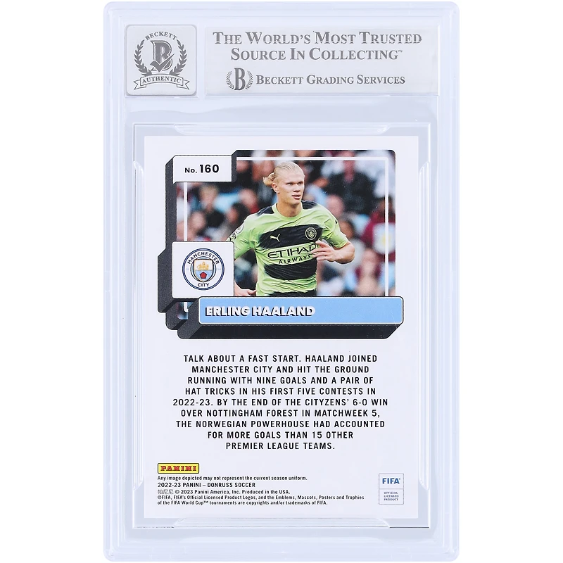 Carte authentifiée par Erling Haaland (Manchester City) - Saison 2022-2023 - Panini Donruss n° 160 - Authentifiée par Beckett Fanatics Witnessed - 10