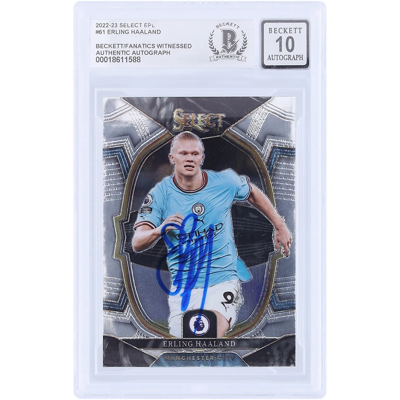Carte Panini Select 2022-23 n° 61 d'Erling Haaland (Manchester City), autographiée et certifiée par Beckett Fanatics Witnessed (n° 10).