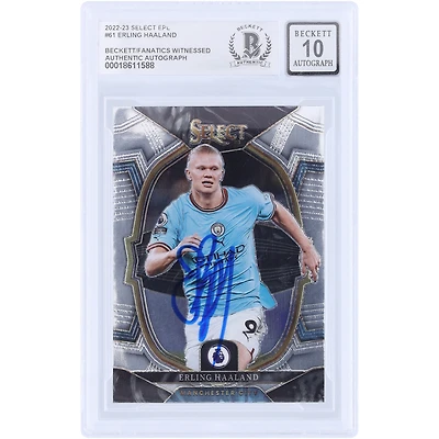 Carte Panini Select 2022-23 n° 61 d'Erling Haaland (Manchester City), autographiée et certifiée par Beckett Fanatics Witnessed (n° 10).