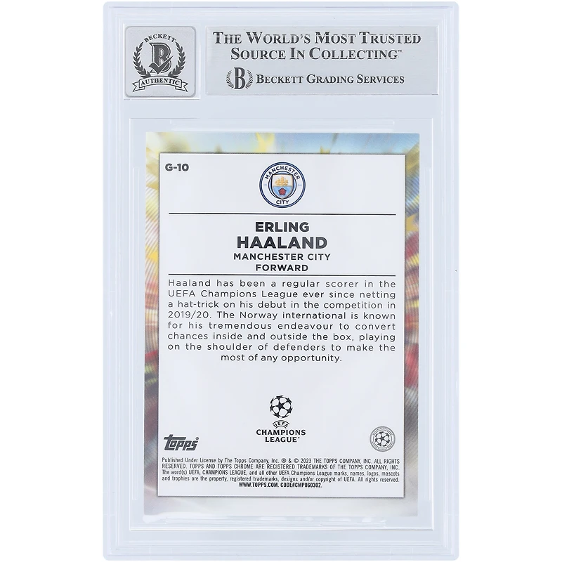 Carte autographiée d'Erling Haaland (Manchester City) Topps Chrome UEFA Golazo 2022-23 #G-10, certifiée 9/10 par Beckett Fanatics Witnessed.