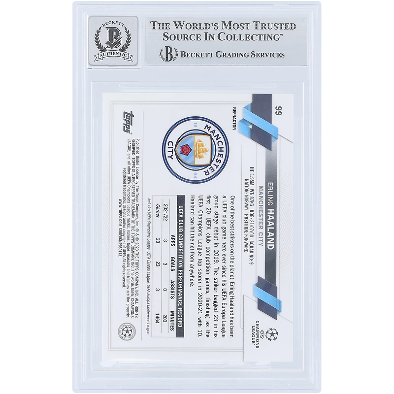 Carte Erling Haaland Manchester City 2022-23 Topps Chrome UEFA Refractor n° 99, autographiée et authentifiée par Beckett Fanatics Witnessed (9/10).