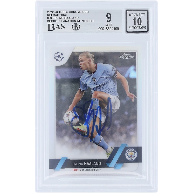 Erling Haaland Manchester City Autographed 2022-23 Topps Chrome UEFA Refractor #99 Beckett Fanatics Witnessed Authenticated 9/10 Card